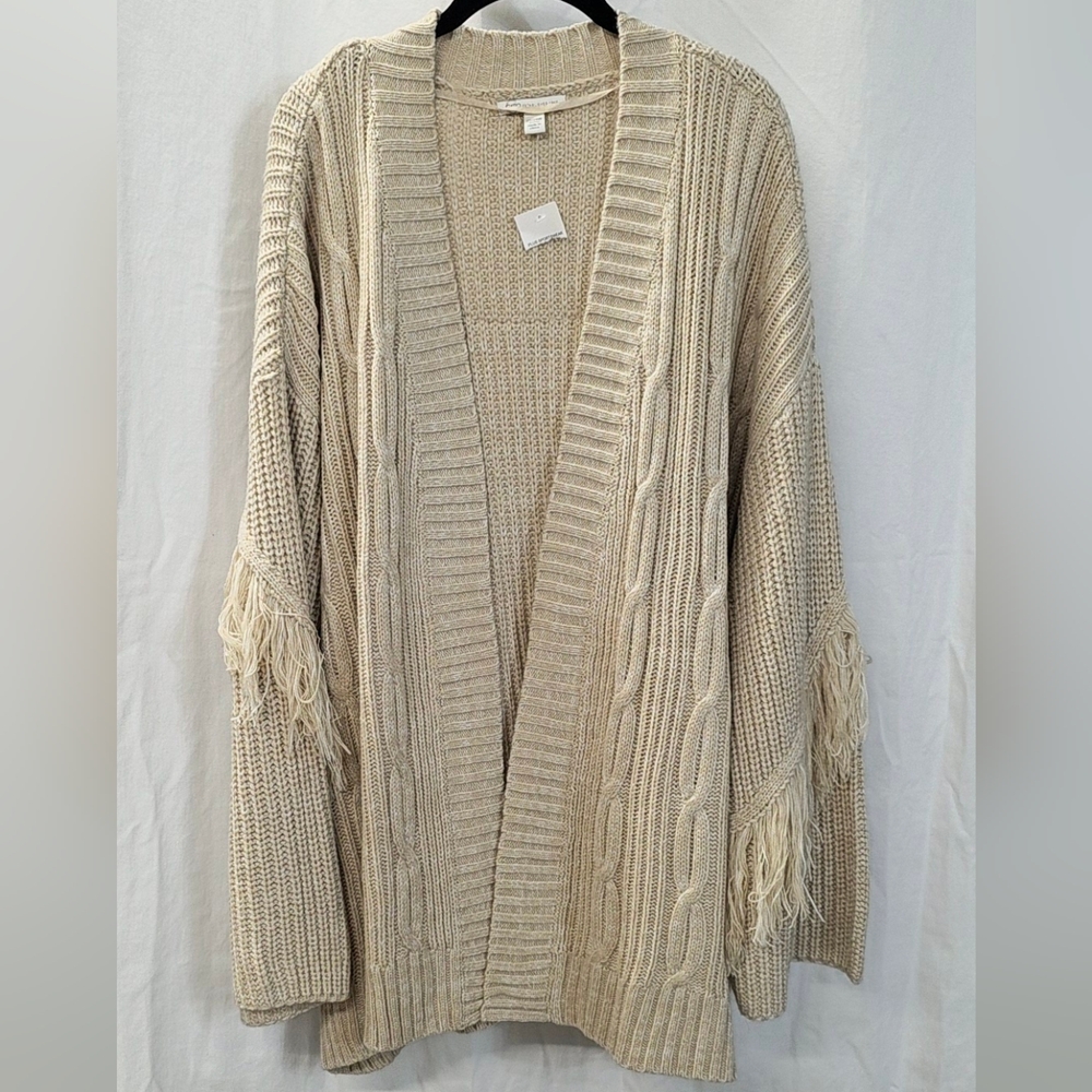 Cato 22W 24W 4X Oatmeal Beige Fringe Boho Open Front Cardigan Cable Knit Sweater